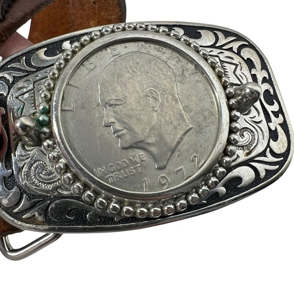 Brown Tooled Leather Men's Belt 1972 Eisenhower Liberty  Silver Dollar Buckle 40 - Picture 6 of 7